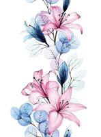 Aquarellzeichnung, nahtlose Grenze mit transparenten Blumen. rosa lilienblüten und eukalyptusblätter. zarte Zeichnung, Röntgen vektor
