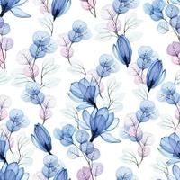 nahtloses aquarellmuster mit transparenten blauen blumen auf einem weißen hintergrund. magnolienblüten, eukalyptusblätter röntgen. Vintage-Hintergrund mit pastellblauen, rosa, lila Farben vektor