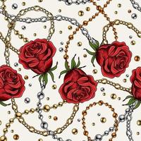 Nahtloses Muster mit roten Vintage-Rosen, Metallketten und Perlen auf weißem Hintergrund. horizontale Komposition. Vektor-Illustration. vektor