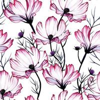 Nahtloses Muster mit transparentem Aquarell blüht Kosmos, Kamillenblüten auf weißem Hintergrund. schöner Druck für Stoff, Tapete, Geschenkpapier, Scrapbooking mit rosa Wildblumen vektor
