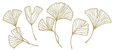 goldene Ginkgoblätter. grafischer zeichnungssatz tropischer blätter mit goldener textur. Skizze skizzieren vektor