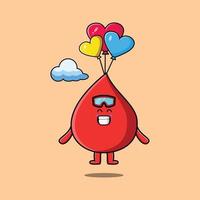 söt tecknad bloddroppe är fallskärmshoppning med ballong vektor