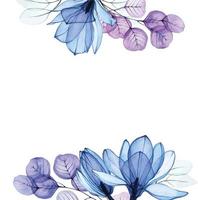 aquarellrand, rahmen mit transparenten blauen magnolienblüten. transparente magnolienblüten und eukalyptusblätter in blau, pink und lila. Vintage-Druck für Hochzeit, Karten, Einladungen vektor