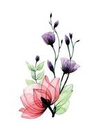 aquarellblumenstrauß mit transparenten blumen. Rosa Wildrosen und lila Wildblumen isoliert auf weißem Hintergrund. vektor
