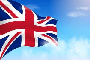Flagge des Vereinigten Königreichs in den Wolken. Vektorfahne weht am Himmel. nationaltag realistische flaggenillustration. Vektor des blauen Himmels.