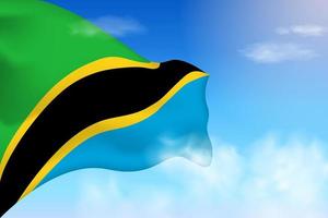 Tansania-Flagge in den Wolken. Vektorfahne weht am Himmel. nationaltag realistische flaggenillustration. Vektor des blauen Himmels.