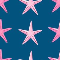 Vektor handgezeichnete nahtlose wiederholendes einfaches Muster mit rosa Seesternen auf blauem Hintergrund. Vektorhintergrund mit Meeresthema. Rosa Seestern auf einem Muster für Textilien, Tapeten, Hintergrund. Meer.