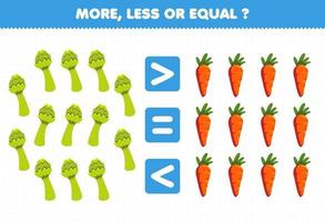Bildungsspiel für Kinder mehr weniger oder gleich zählen die Menge an Cartoon-Gemüse Spargel Karotte vektor