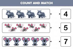 utbildningsspel för barn räkna och matcha räkna antalet söta tecknade gråa djur noshörningsmus koala och matcha med rätt siffror utskrivbart arbetsblad vektor