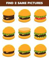 utbildning spel för barn hitta två samma bilder mat snack burger vektor