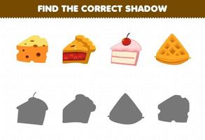 utbildningsspel för barn hitta rätt skugguppsättning av tecknad mat och mellanmål ostpaj tårta våffla vektor