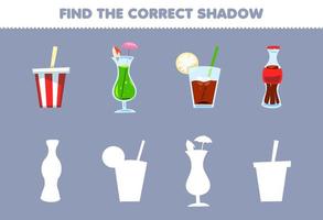 Bildungsspiel für Kinder Finden Sie den richtigen Schattensatz von Cartoon-Softdrink-Saft-Eistee-Cola vektor