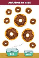 Bildungsspiel für Kinder nach Größe anordnen groß oder klein in die Box legen Cartoon Food Snack Donut Bilder vektor