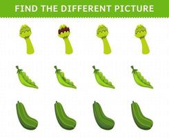 Lernspiel für Kinder Finden Sie das unterschiedliche Bild in jeder Reihe Gemüse Spargel Erbsen Gurke vektor