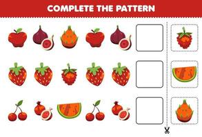 Bildungsspiel für Kinder Vervollständigen Sie das Muster logisches Denken Finden Sie die Regelmäßigkeit und setzen Sie die Reihenaufgabe mit Cartoon-roten Früchten fort vektor