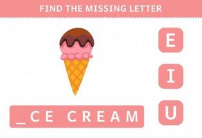 utbildning spel för barn hitta saknad bokstav tecknad mat glass kalkylblad vektor