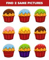 Bildungsspiel für Kinder finden Sie zwei gleiche Bilder Essen Snack Cupcake vektor