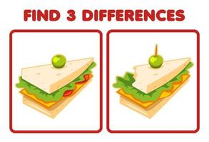 Bildungsspiel für Kinder Finden Sie drei Unterschiede zwischen zwei Comic-Bildern von Sandwiches vektor