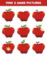 Bildungsspiel für Kinder finden Sie zwei gleiche Bilder Obst Apfel vektor