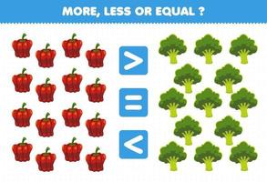 Lernspiel für Kinder mehr weniger oder gleich zählen die Menge an Cartoon-Gemüse Paprika Brokkoli vektor
