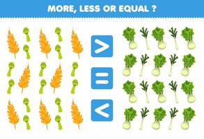 Bildungsspiel für Kinder mehr weniger oder gleich zählen die Menge an Cartoon-Gemüse Weizen Spargel Salat Lauch vektor