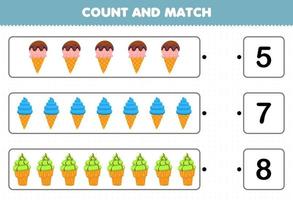 Bildungsspiel für Kinder Zählen und passen Sie die Anzahl der Cartoon-Eiscreme und passen Sie sie mit den richtigen Zahlen an. Druckbares Arbeitsblatt vektor