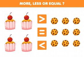 Lernspiel für Kinder mehr weniger oder gleich zählen die Menge an Cartoon-Food-Cupcake-Keksen vektor