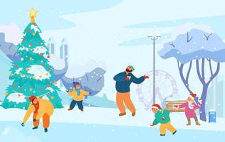 winterparklandschaft mit glücklicher familie, die schneeballschlacht spielt. stadtsilhouette, weihnachtsbaum, bank, schneebedeckte bäume. flache vektorillustration.