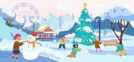 winterparklandschaft mit kindern, die schneebälle spielen, schneemann bauen, snowtubing fahren. parkcafé, stadtsilhouette, weihnachtsbaum, schneebedeckte bäume. flache vektorillustration. vektor