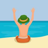 bakifrån av söt liten pojke bär hatt som sitter på sand och räcker upp handen och har kul på stranden och njuter av sommaren vektor