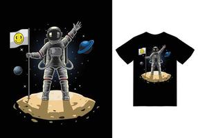 astronaut, der flagge auf mondillustration mit t-shirt design erstklassigem vektor hält