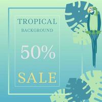 Blaues Papagei-Ara-Konzept auf einem Hintergrund tropischer Vegetation, Banner, Werbeplakat, Sommerschlussverkauf-Vorlagenvektorillustration vektor