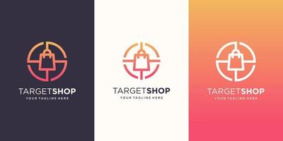 Target-Shop-Logo-Designs-Vorlage. Symboltasche kombiniert mit Zielschild. vektor