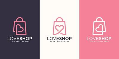 Love-Shop-Logo-Design-Vorlage, Tasche kombiniert mit Herz-Konzept. vektor
