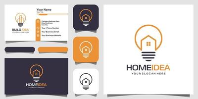 Home- und Bulb-Logo-Design-Kombination mit Line-Art-Stil. Linienlogo mit Gebäudesymbolen und Visitenkartendesign vektor