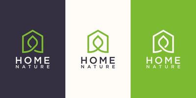 hem natur logotyp design mall. hus kombinerat med löv. vektor