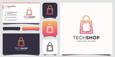 Technologie-Shop-Logo-Design-Vorlage. schaltung kombiniert mit bag line art style. vektor