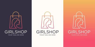flicka butik logotyp design mall, väska i kombination med huvud kvinnor. vektor