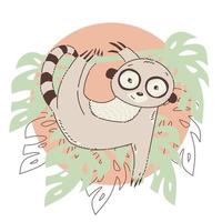 vektor illustration med lemur på grön gren. handritad bild.