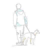vektorillustration av en kille som går med en hund ritad i linjekonststil vektor