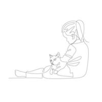vektor illustration av flicka och katt ritade i linje konst stil