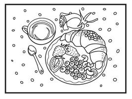 Illustration zum Ausmalen von Buchseiten. Frühstückskaffee mit Croissant, Nüssen und Heidelbeeren, in gemütlicher Atmosphäre. vektor