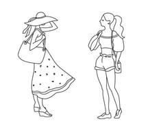 lineare Skizze von Mädchenfiguren, Modeillustration Mädchen Vektorsilhouetten einer Frau, lineare Skizze, schwarz-weiße Farbe einzeln auf weißem Hintergrund vektor