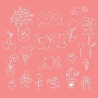 Liebe und romantische Blumen-Doodle-Set. Rosen- und Brautstrauß, Amorpfeil und geflügeltes Herz, Kaktus, Blumentöpfe, Geschenk und Erdbeeren. Vektorumriss. isolierte lineare zeichnungen für dekor und design. vektor