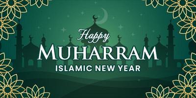 grön islamisk nyår banner med blomma och moské bakgrund vektor