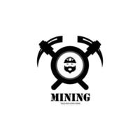 Retro-Bergbau-Logo mit Schutzhelmhelm und zwei gekreuzten Spitzhacken. Label und Abzeichen Minenschacht, Schwarz-Weiß-Vektorillustration vektor