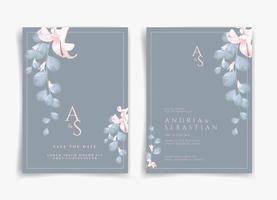 blått bröllopskort eller inbjudningskort med rosa blomma och bladtema fram- och baksida. natur bröllop kort. naturskydd. bröllop kort mall. vektor