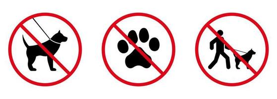 Verbotenes Piktogramm zum Gehen von Hunden. Mann mit Hund an der Leine rotes Stoppkreissymbol. Pfote Fußabdruck Verbot schwarze Silhouette Symbol. kein erlaubtes Haustierschild. verbotene Gehparkzone. isolierte Vektorillustration. vektor