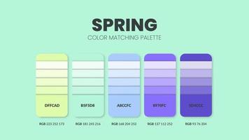 Farbpaletten oder Farbschemata zum Thema Frühling sind Trends, Kombinationen und Palettenführer in diesem Jahr, eine Tabelle mit Farbtönen in RGB oder Hex. ein Farbmuster für eine Frühlingsmode, ein Zuhause oder ein Innendesign. vektor