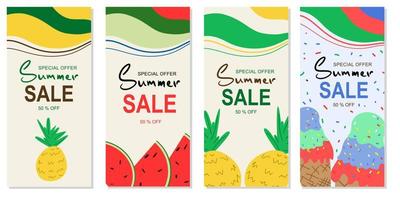 en uppsättning vertikala vektorillustrationer av sommarrea-bannern för din butik. layouter med sommarfrukter på en beige bakgrund. vektor